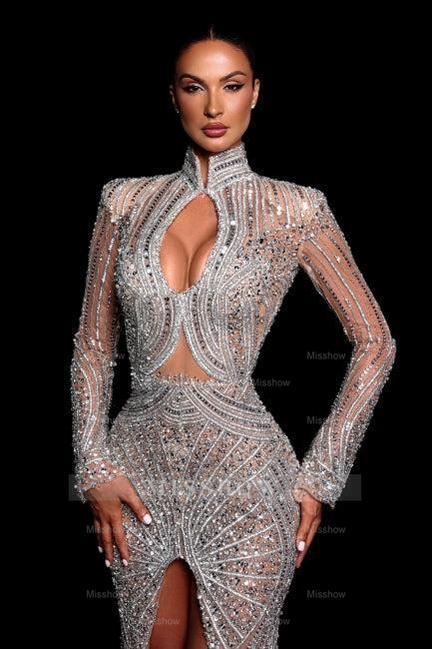 Fashionable Mermaid High-Neck Beaded Sequined Long Sleeve Split Front Prom Dress With Rhinestones