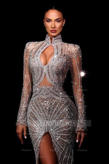 Fashionable Mermaid High-Neck Beaded Sequined Long Sleeve Split Front Prom Dress With Rhinestones