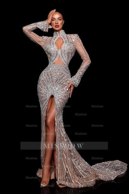 Fashionable Mermaid High-Neck Beaded Sequined Long Sleeve Split Front Prom Dress With Rhinestones