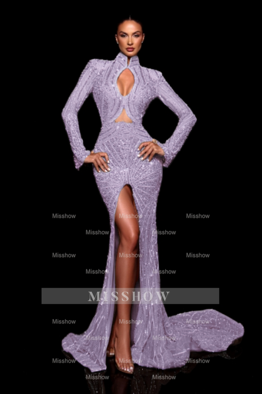 Fashionable Mermaid High-Neck Beaded Sequined Long Sleeve Split Front Prom Dress With Rhinestones