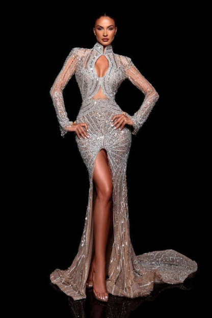 Fashionable Mermaid High-Neck Beaded Sequined Long Sleeve Split Front Prom Dress With Rhinestones