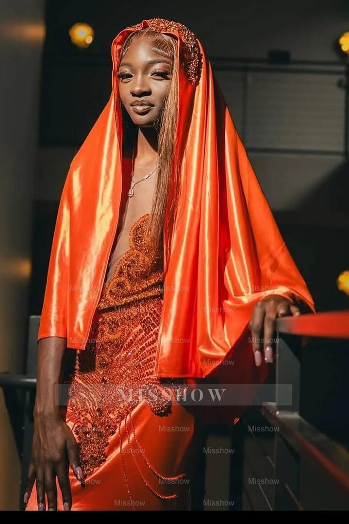 Fashionable Orange Sleeveless Mermaid Prom Dress With Beadings