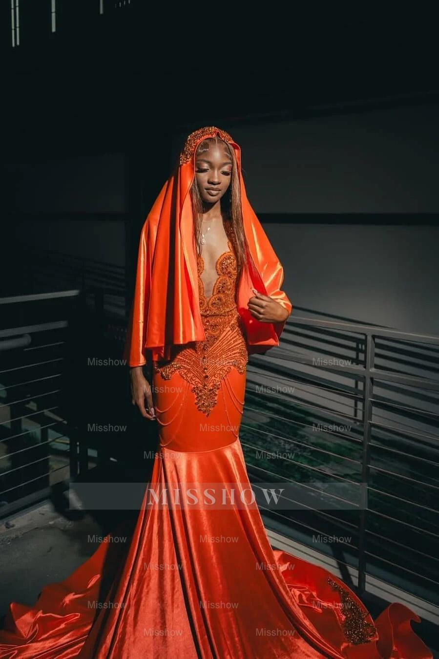 Fashionable Orange Sleeveless Mermaid Prom Dress With Beadings