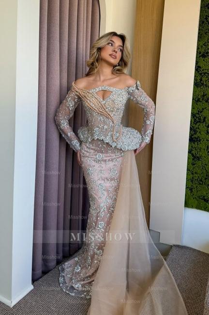 Fashionable Pink Mermaid Strapless Off-The-Shoulder Beaded Long Sleeves Panel Train Satin Tulle Prom Dresses