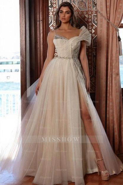 Fashionable Pink One Shoulder Sleeveless A-Line Prom Dress with Sequins and Slit