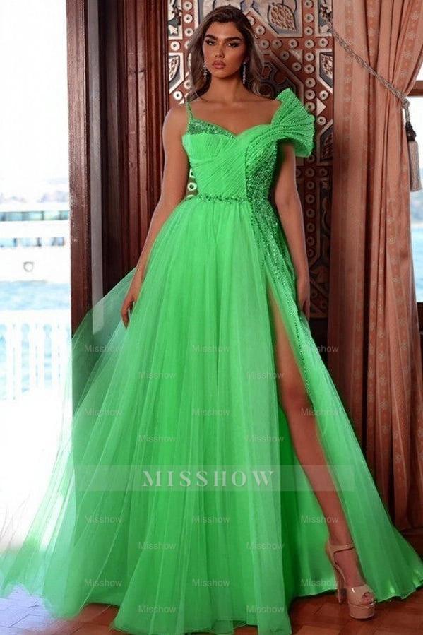 Fashionable Pink One Shoulder Sleeveless A-Line Prom Dress with Sequins and Slit