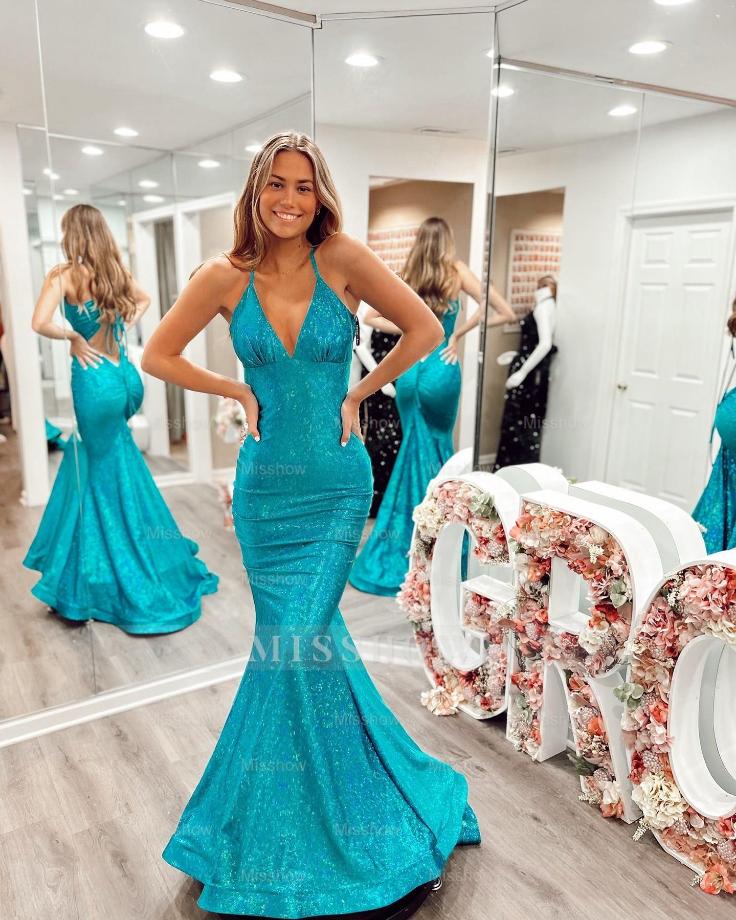 Fashionable Pool V-Neck Sleeveless Mermaid Prom Dress with Court Train