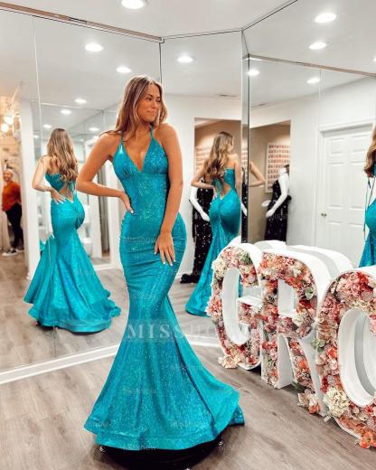 Fashionable Pool V-Neck Sleeveless Mermaid Prom Dress with Court Train