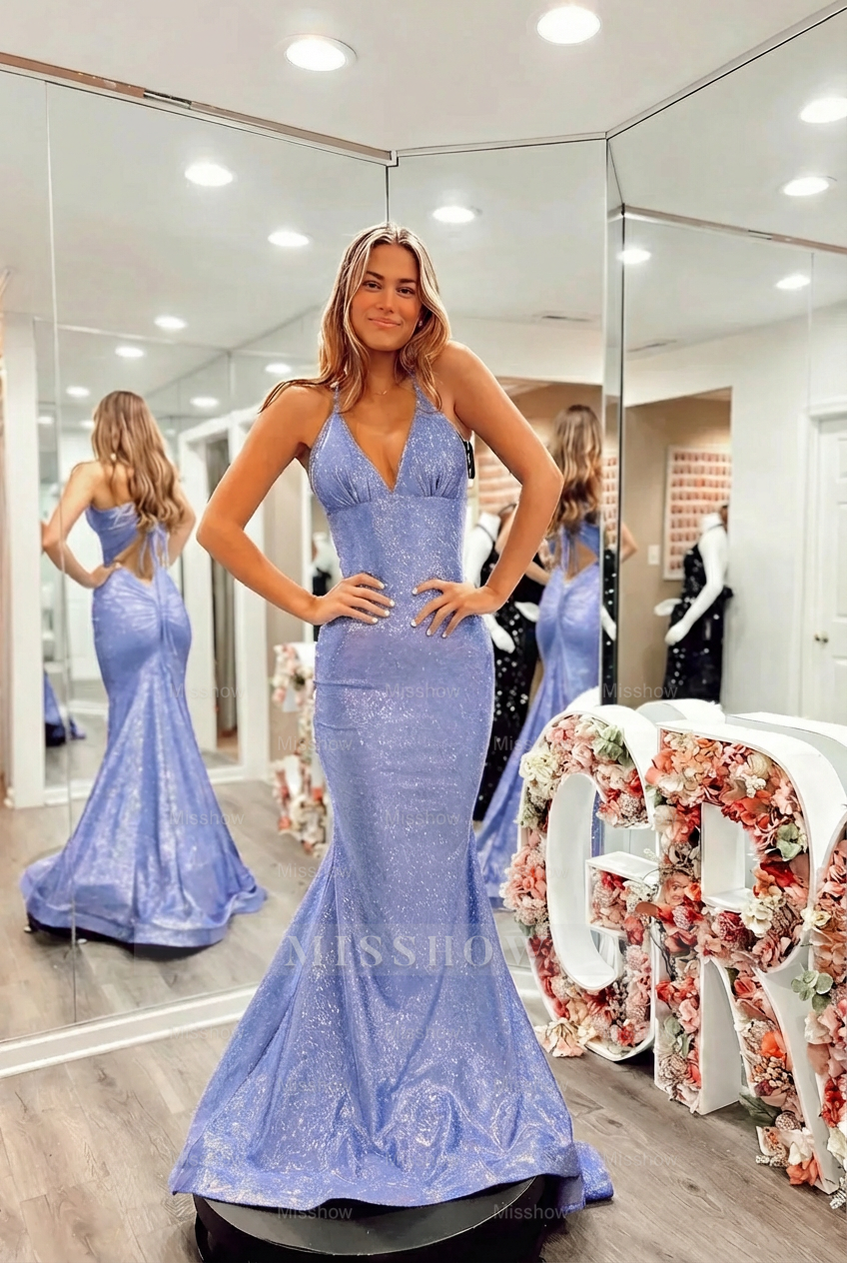 Fashionable Pool V-Neck Sleeveless Mermaid Prom Dress with Court Train