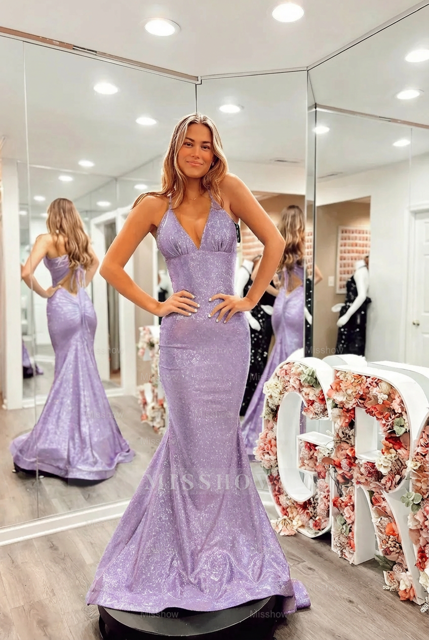 Fashionable Pool V-Neck Sleeveless Mermaid Prom Dress with Court Train