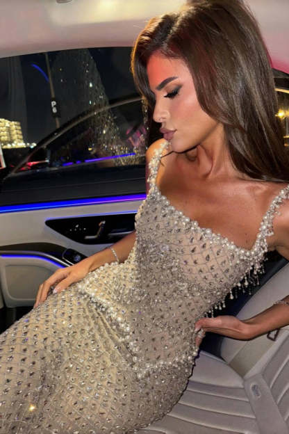 Fashionable Silver Sleeveless Square Neck Lace Mermaid Evening Dress with Rhinestones