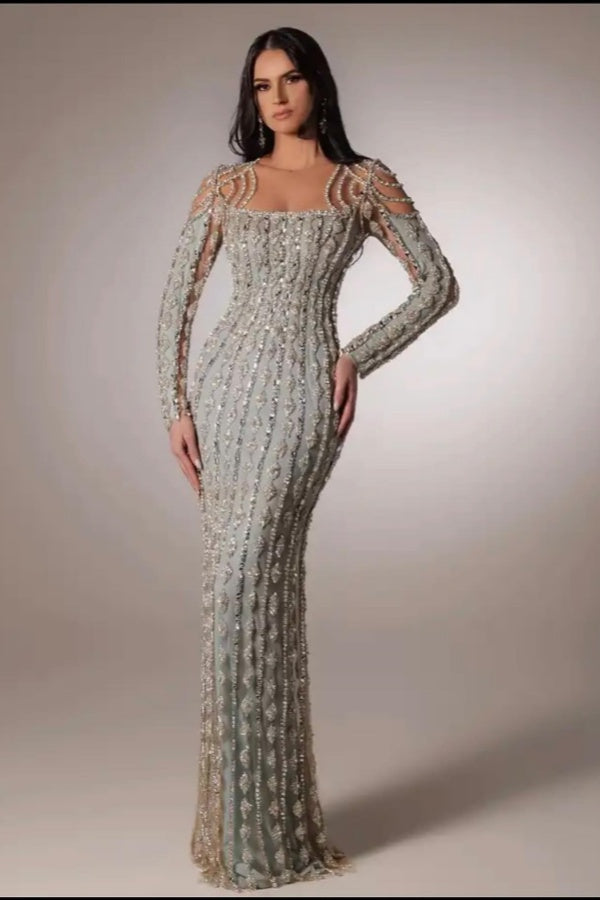 Fashionable Silver Sleeveless Square Neck Lace Mermaid Evening Dress with Rhinestones