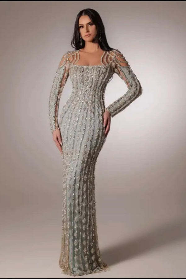 Fashionable Silver Sleeveless Square Neck Lace Mermaid Evening Dress with Rhinestones