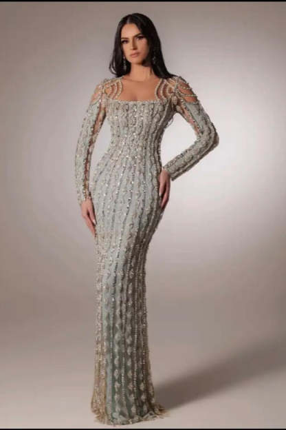 Fashionable Silver Sleeveless Square Neck Lace Mermaid Evening Dress with Rhinestones