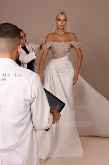 Fashionable White Strapless Beaded Off-The-Shoulder Long Panel Train Satin Wedding Dress with Rhinestones