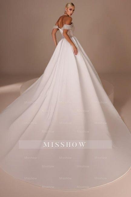 Fashionable White Strapless Beaded Off-The-Shoulder Long Panel Train Satin Wedding Dress with Rhinestones