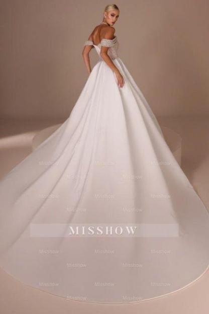 Fashionable White Strapless Beaded Off-The-Shoulder Long Panel Train Satin Wedding Dress with Rhinestones