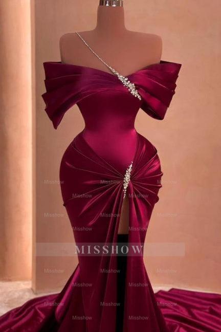 Floor-Length Mermaid Off-The-Shoulder Split Front Stain Prom Evening Dresses with Beadings