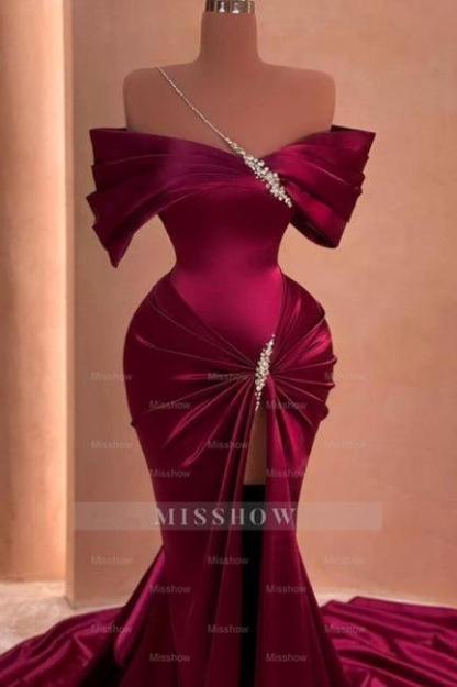 Floor-Length Mermaid Off-The-Shoulder Split Front Stain Prom Evening Dresses with Beadings