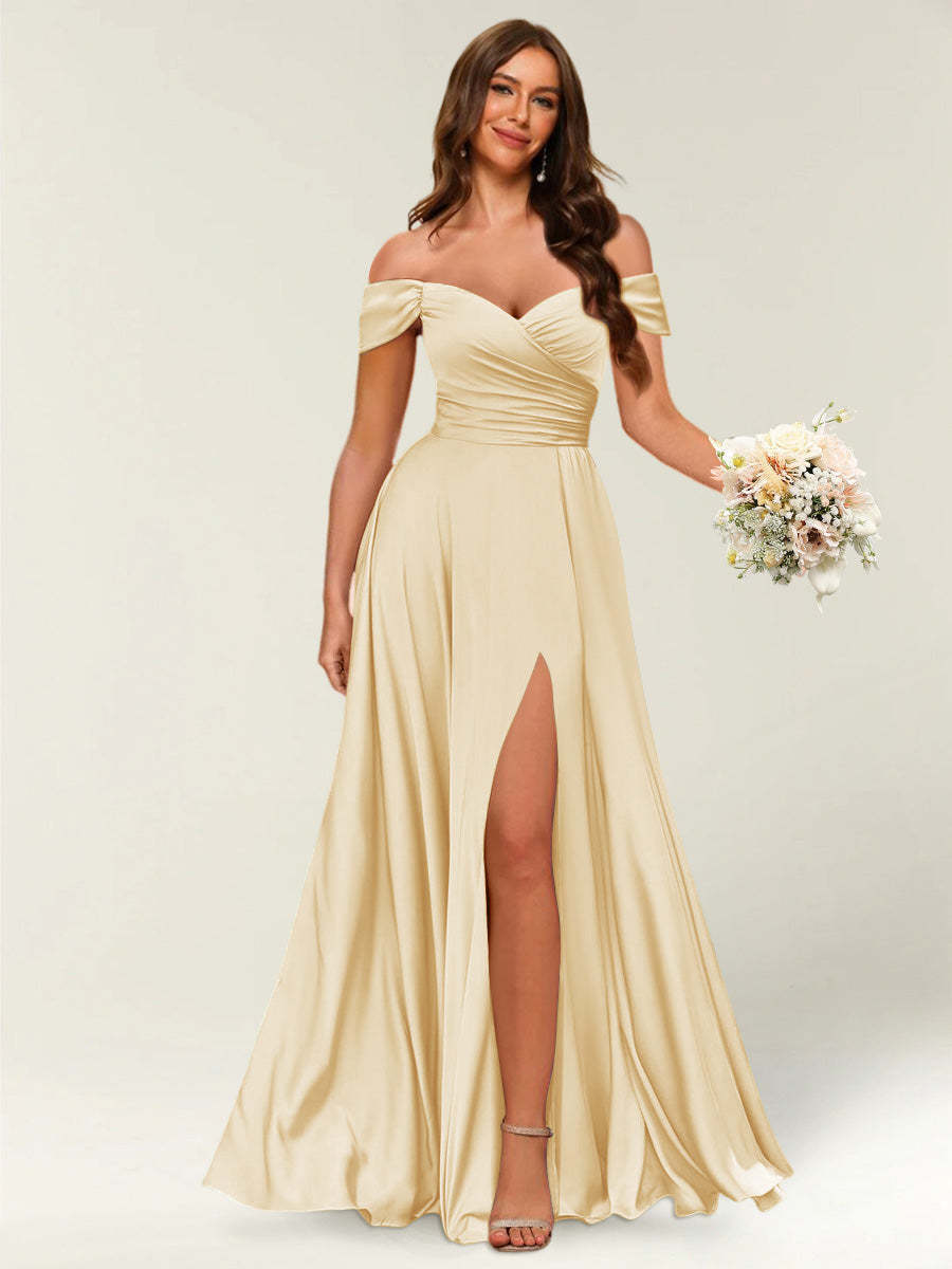 Floor Length Off the Shoulder Long Formal Dresses with Split Side Ruched