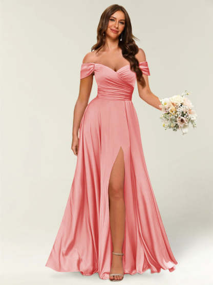 Floor Length Off the Shoulder Long Formal Dresses with Split Side Ruched
