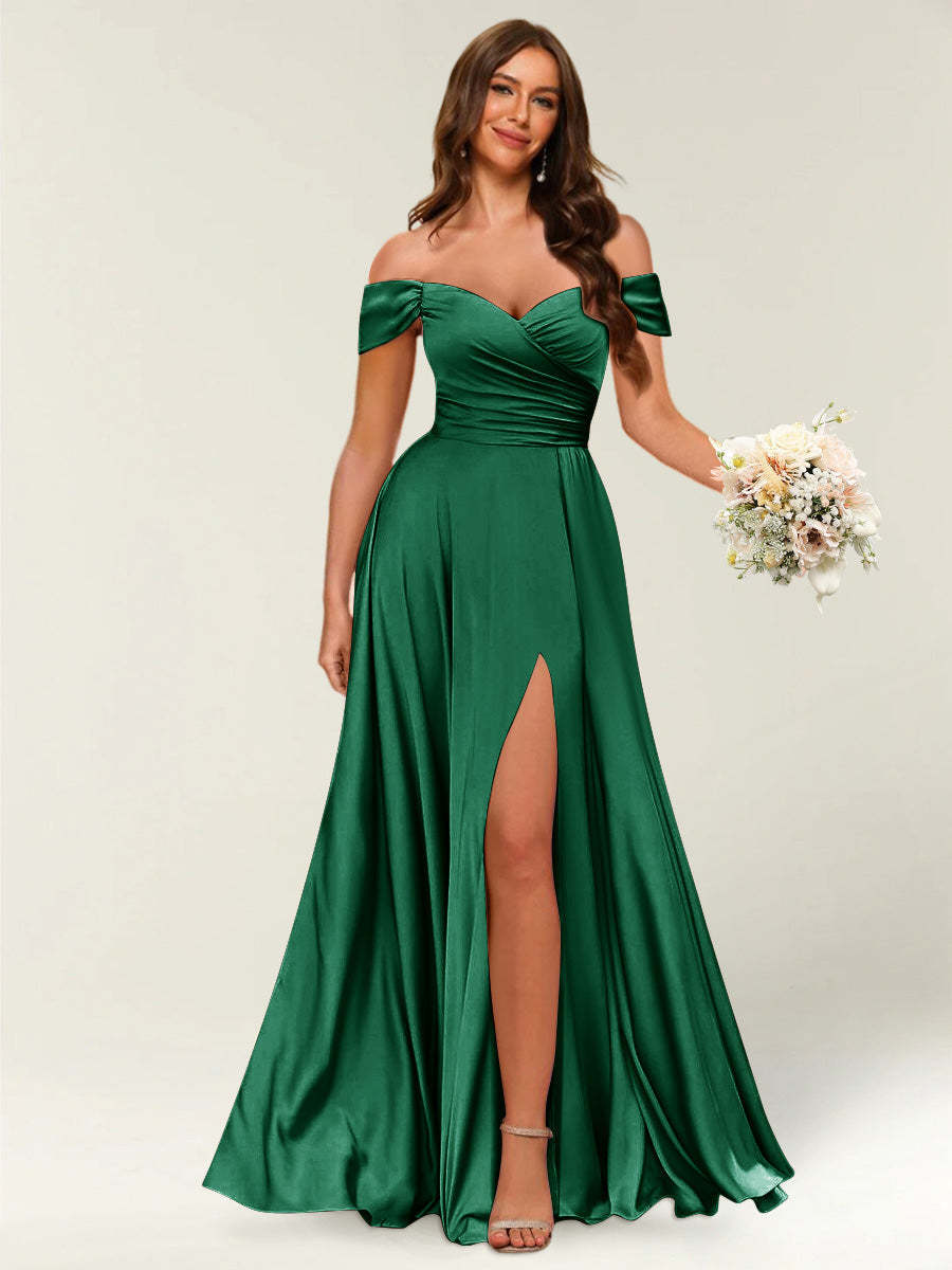 Floor Length Off the Shoulder Long Formal Dresses with Split Side Ruched