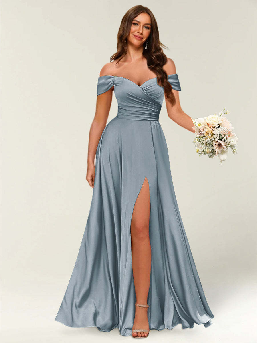 Floor Length Off the Shoulder Long Formal Dresses with Split Side Ruched