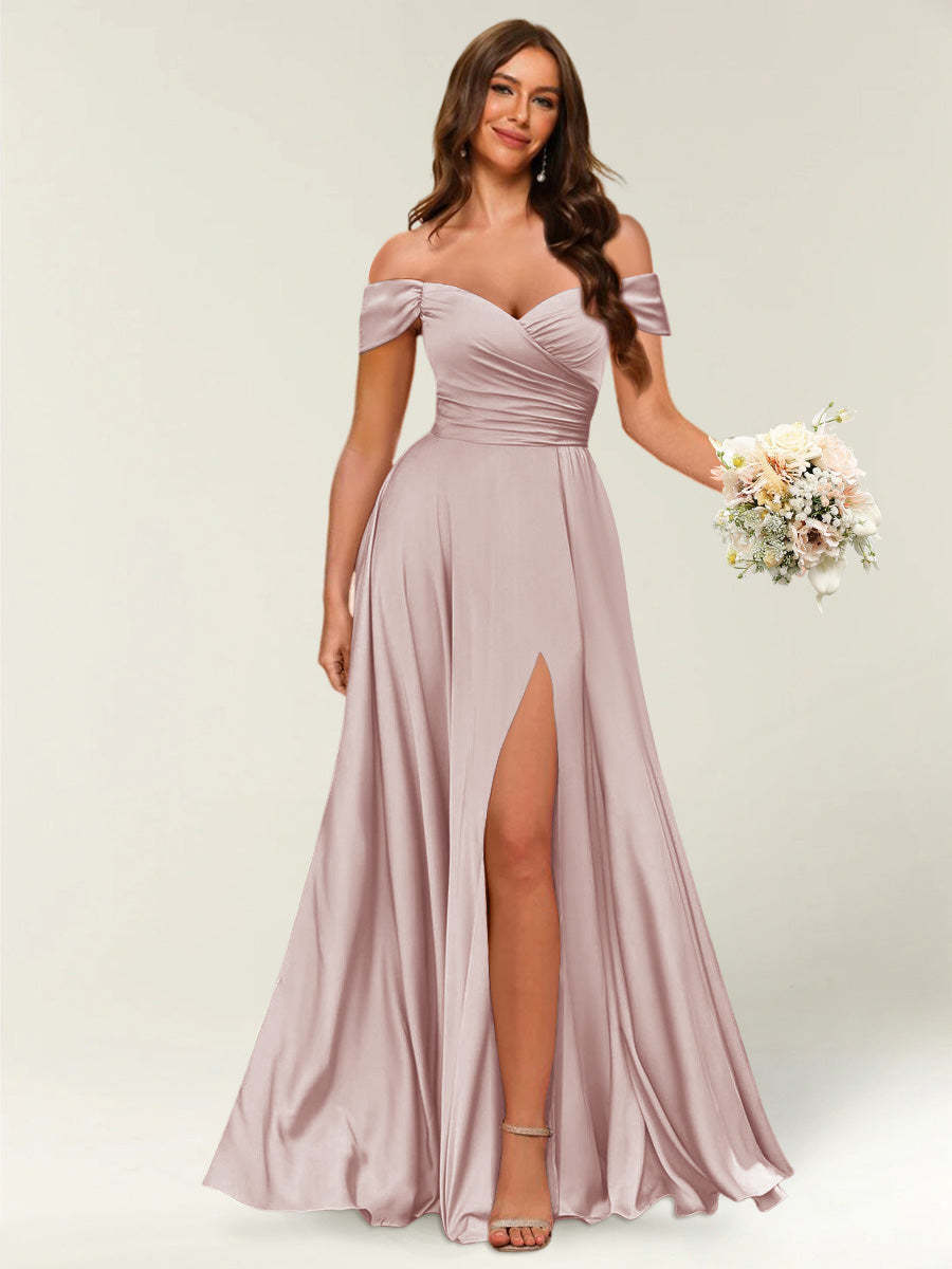 Floor Length Off the Shoulder Long Formal Dresses with Split Side Ruched