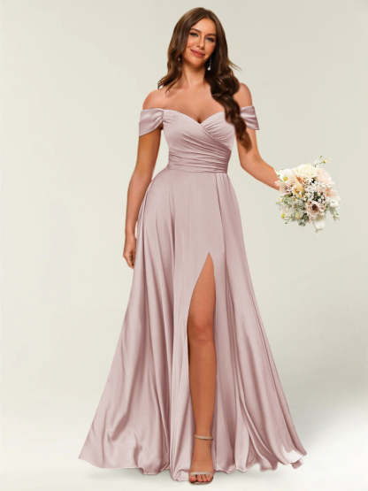 Floor Length Off the Shoulder Long Formal Dresses with Split Side Ruched