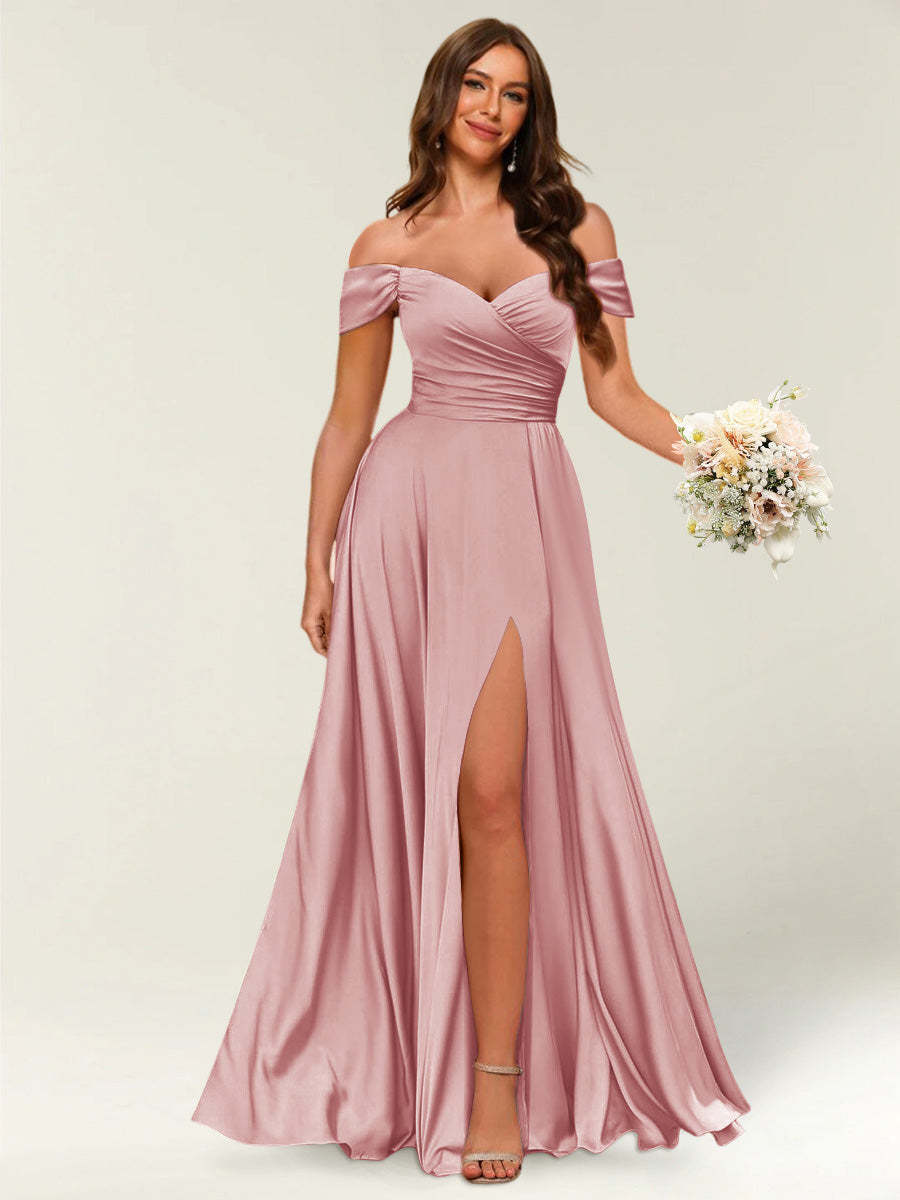Floor Length Off the Shoulder Long Formal Dresses with Split Side Ruched