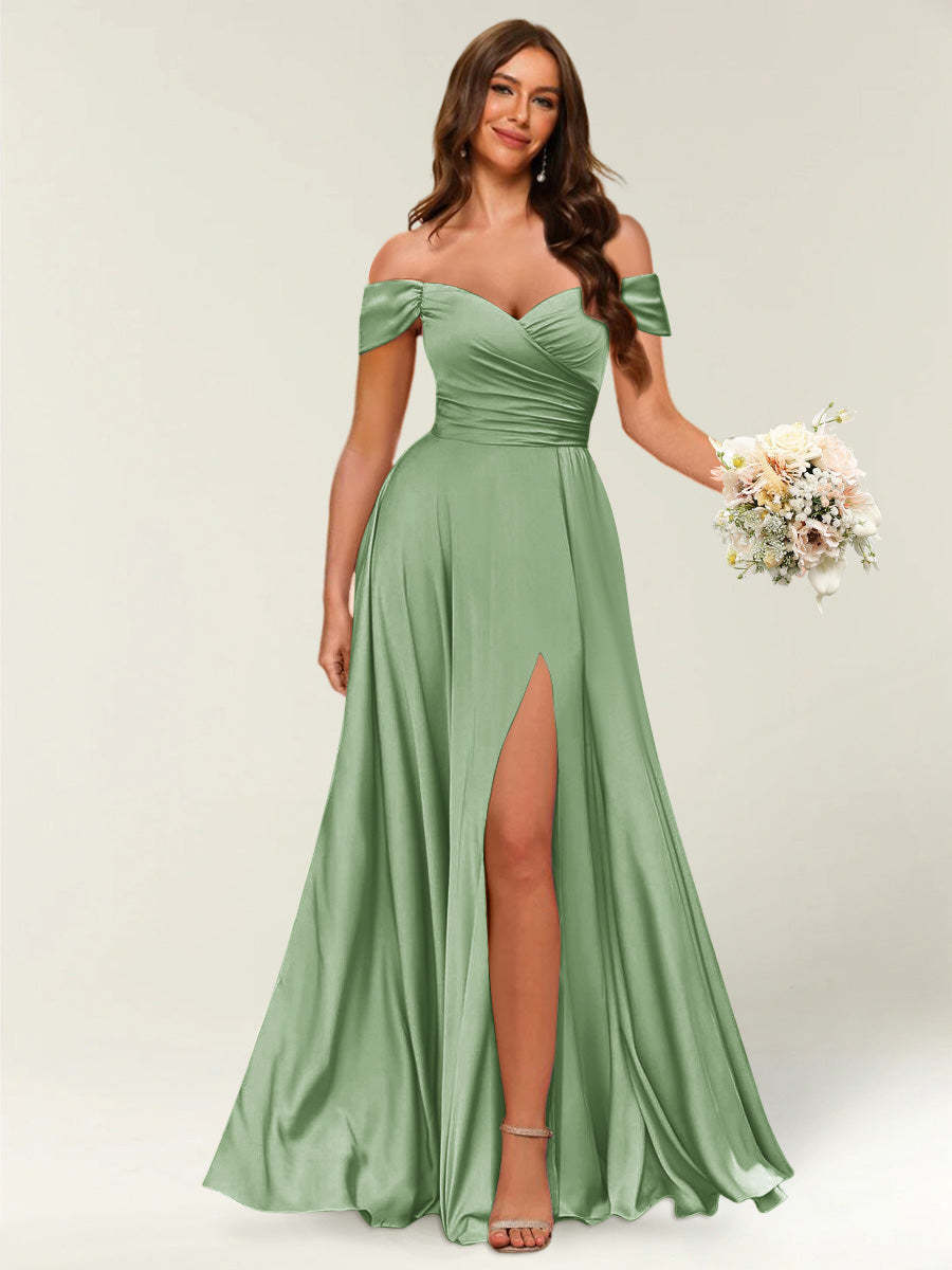 Floor Length Off the Shoulder Long Formal Dresses with Split Side Ruched