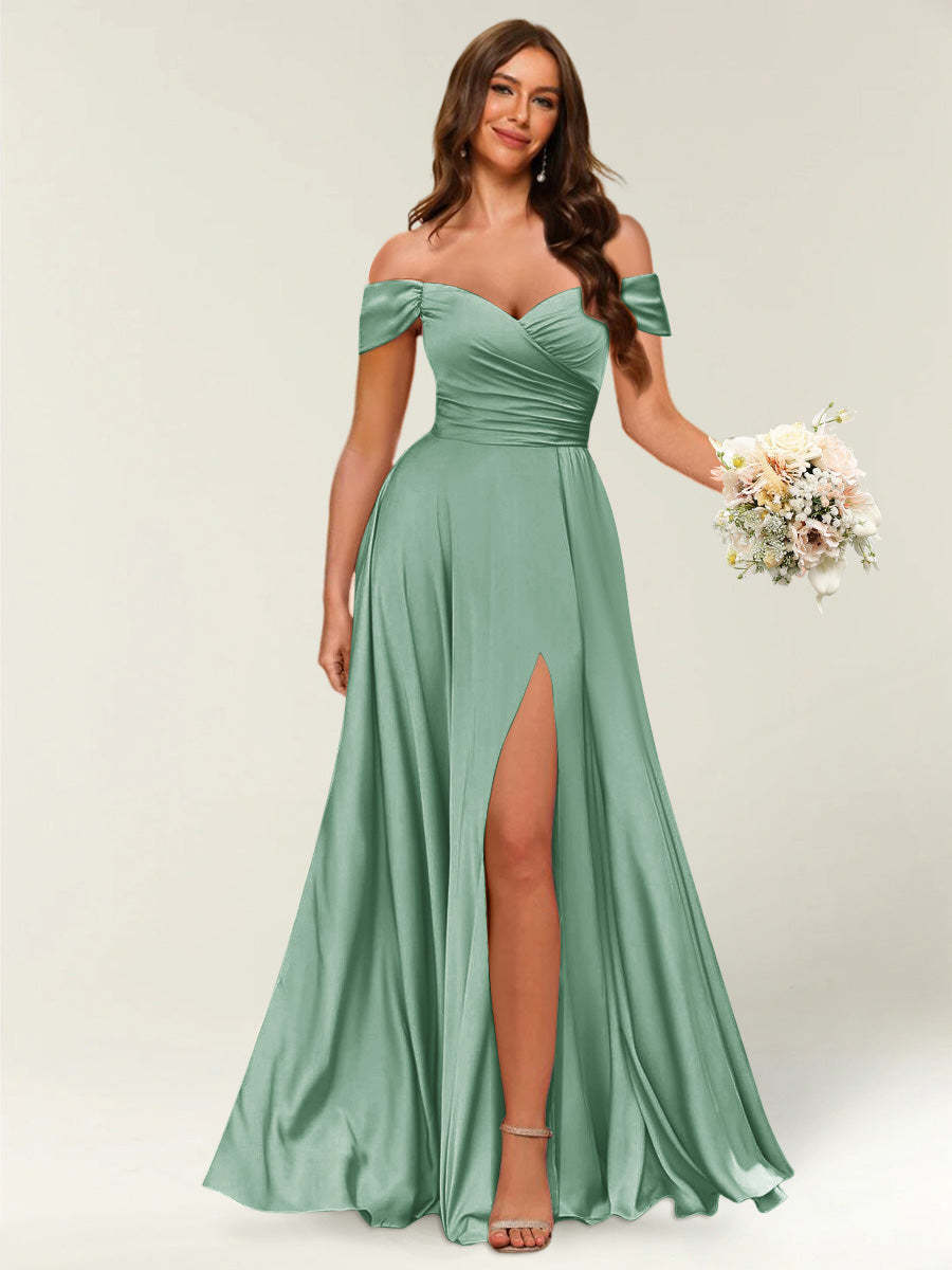 Floor Length Off the Shoulder Long Formal Dresses with Split Side Ruched