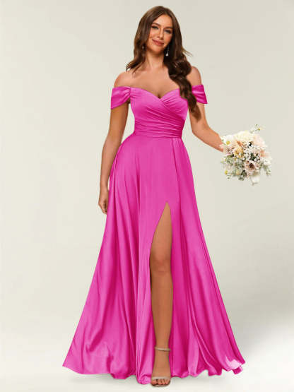 Floor Length Off the Shoulder Long Formal Dresses with Split Side Ruched