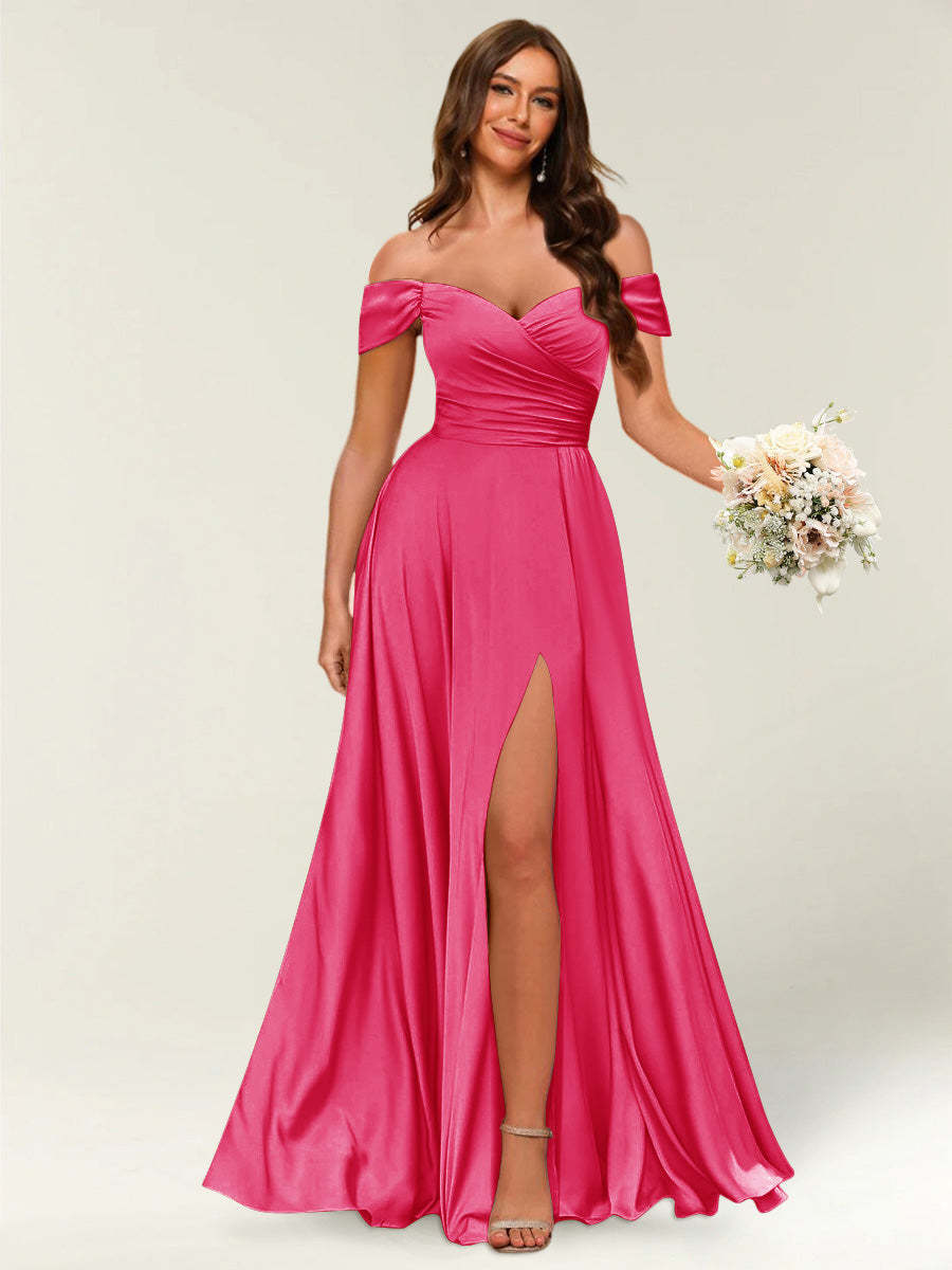 Floor Length Off the Shoulder Long Formal Dresses with Split Side Ruched