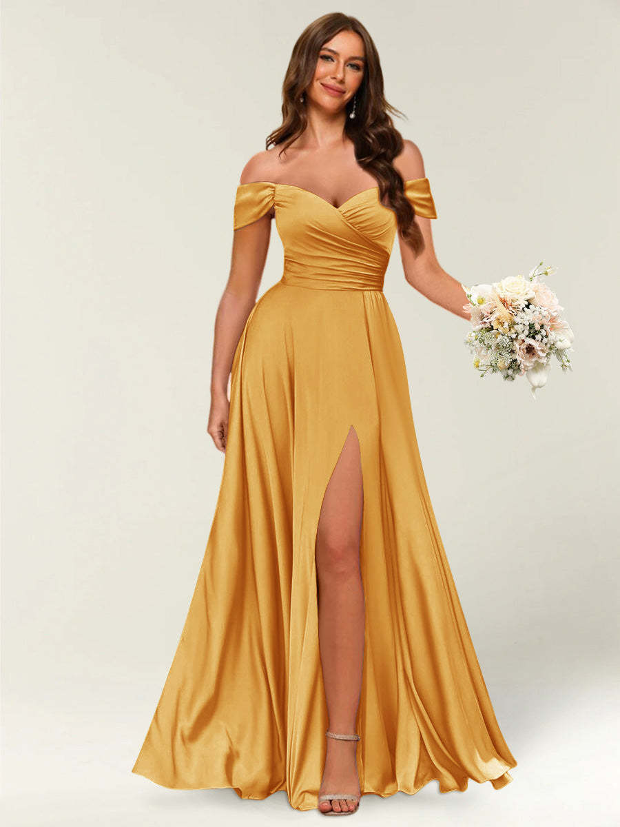 Floor Length Off the Shoulder Long Formal Dresses with Split Side Ruched