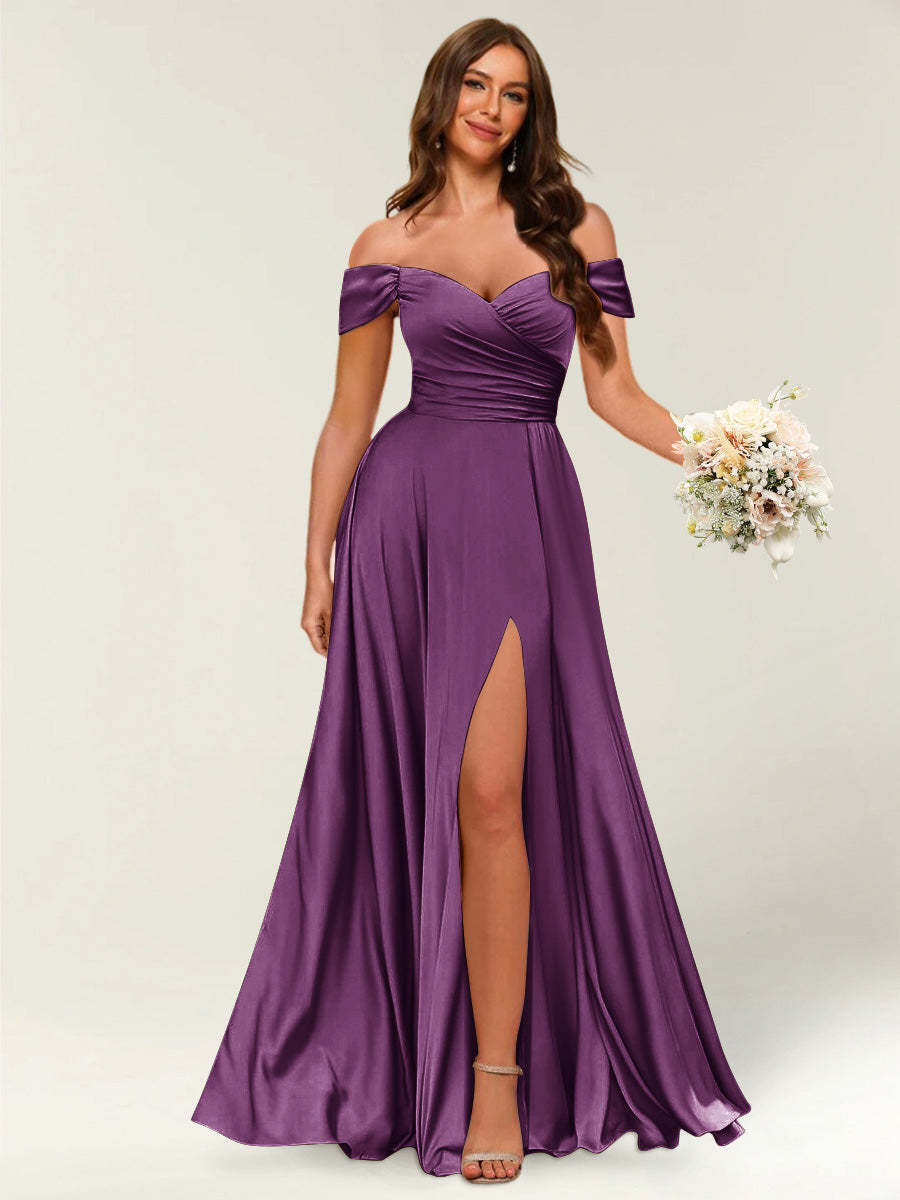 Floor Length Off the Shoulder Long Formal Dresses with Split Side Ruched