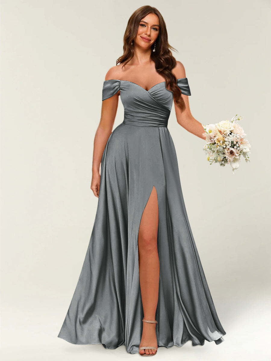 Floor Length Off the Shoulder Long Formal Dresses with Split Side Ruched