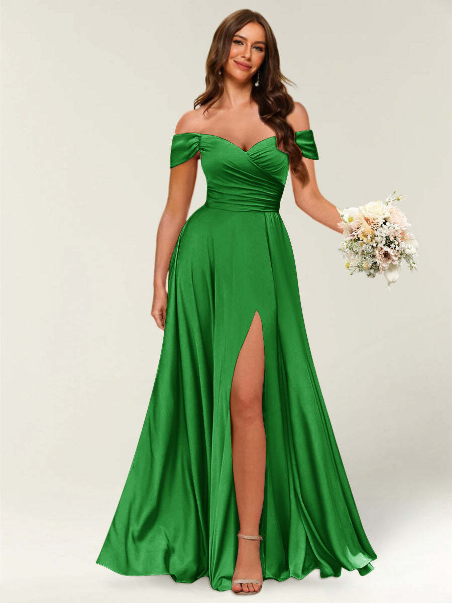 Floor Length Off the Shoulder Long Formal Dresses with Split Side Ruched