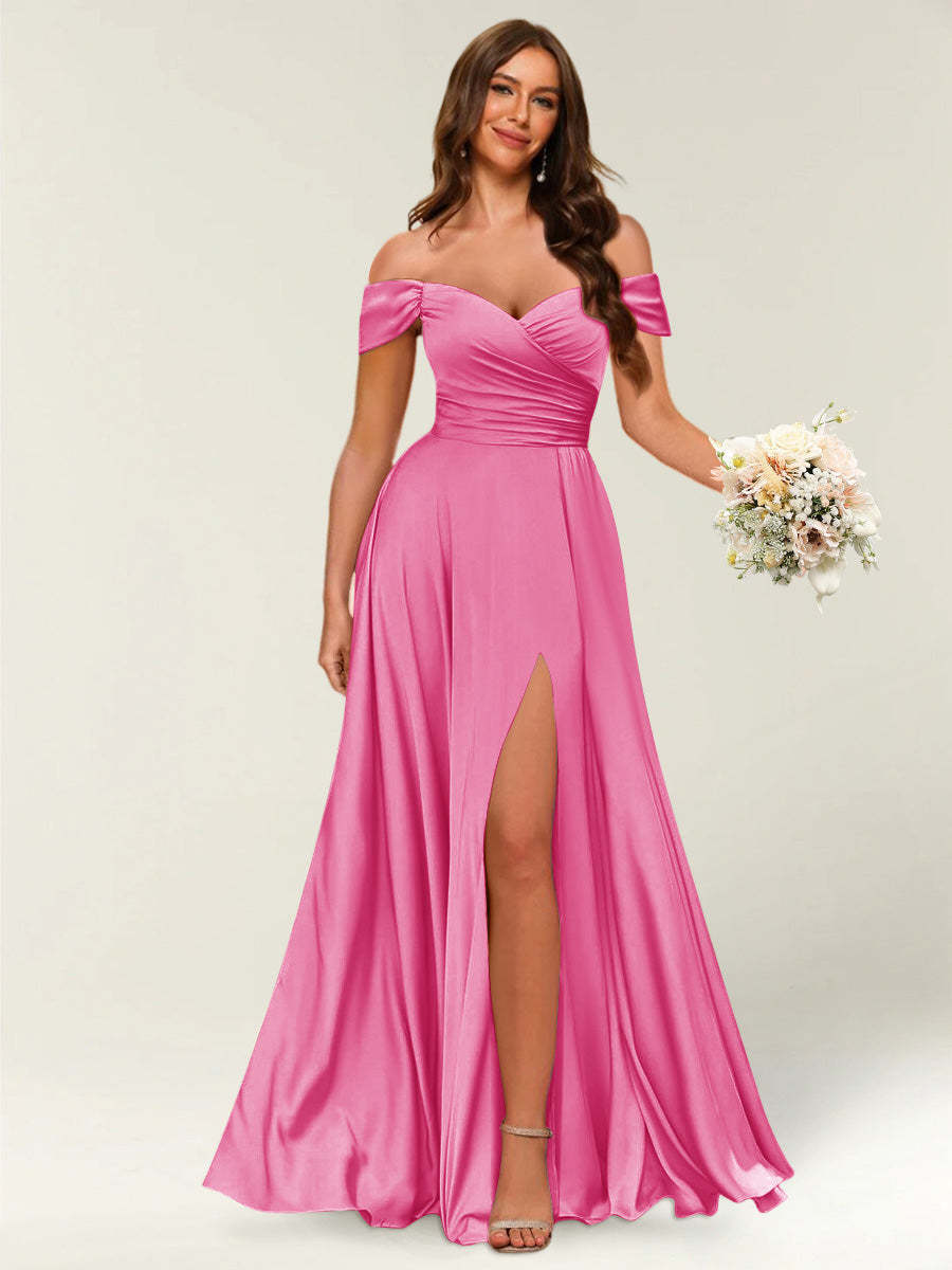 Floor Length Off the Shoulder Long Formal Dresses with Split Side Ruched