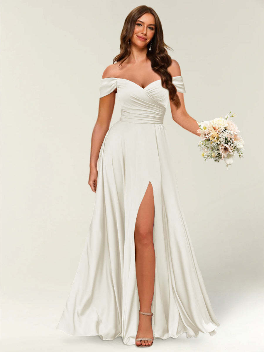 Floor Length Off the Shoulder Long Formal Dresses with Split Side Ruched