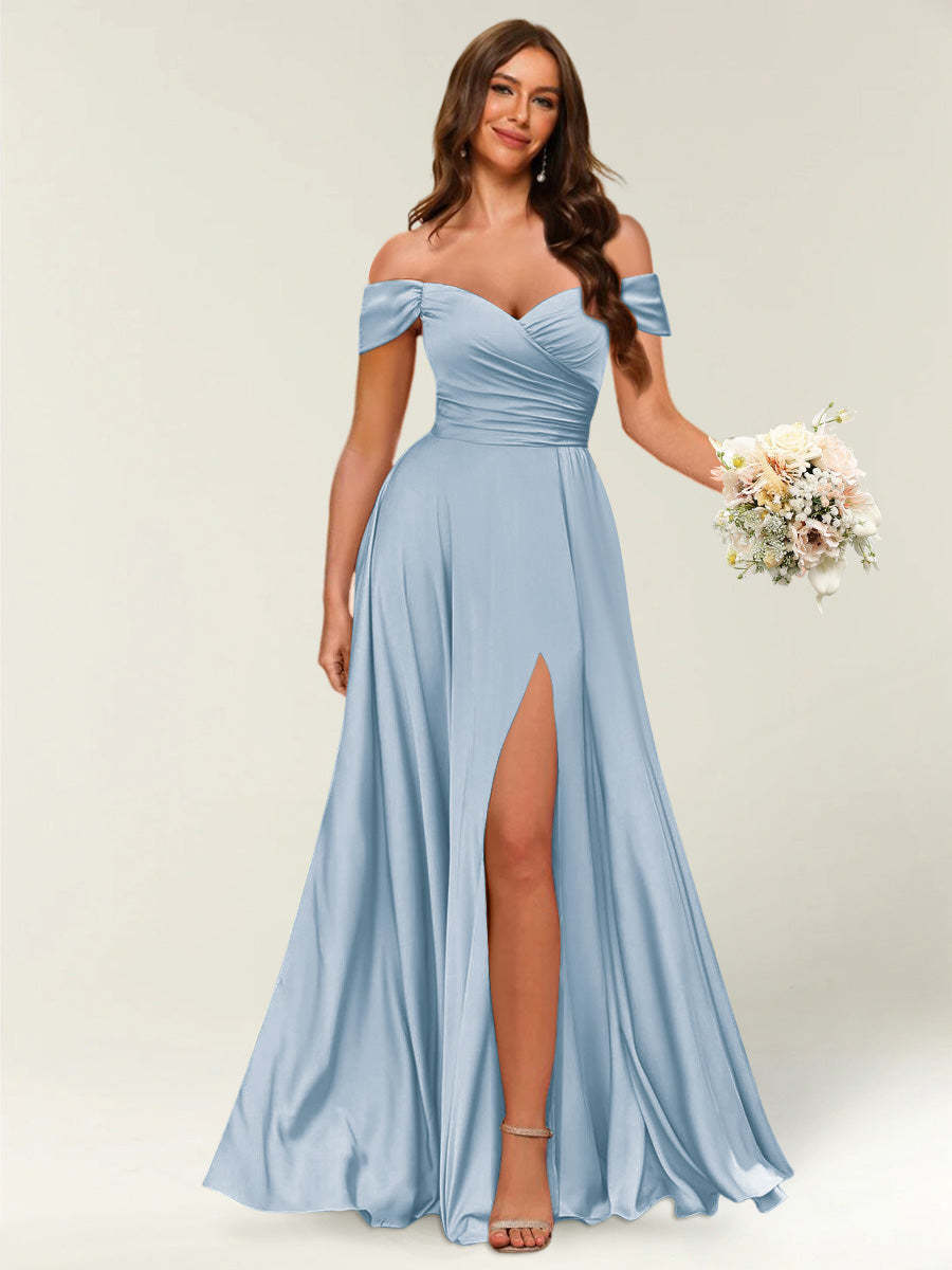 Floor Length Off the Shoulder Long Formal Dresses with Split Side Ruched