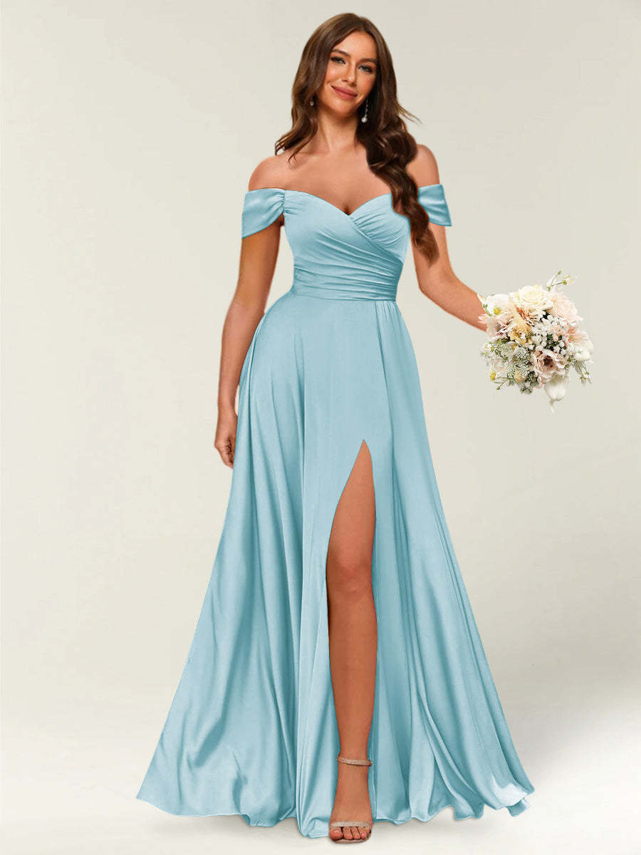 Floor Length Off the Shoulder Long Formal Dresses with Split Side Ruched