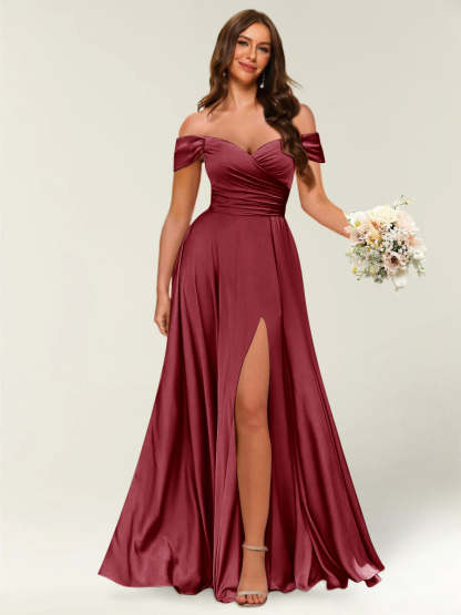 Floor Length Off the Shoulder Long Formal Dresses with Split Side Ruched