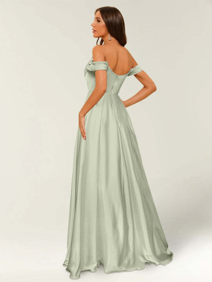Floor Length Off the Shoulder Long Formal Dresses with Split Side Ruched
