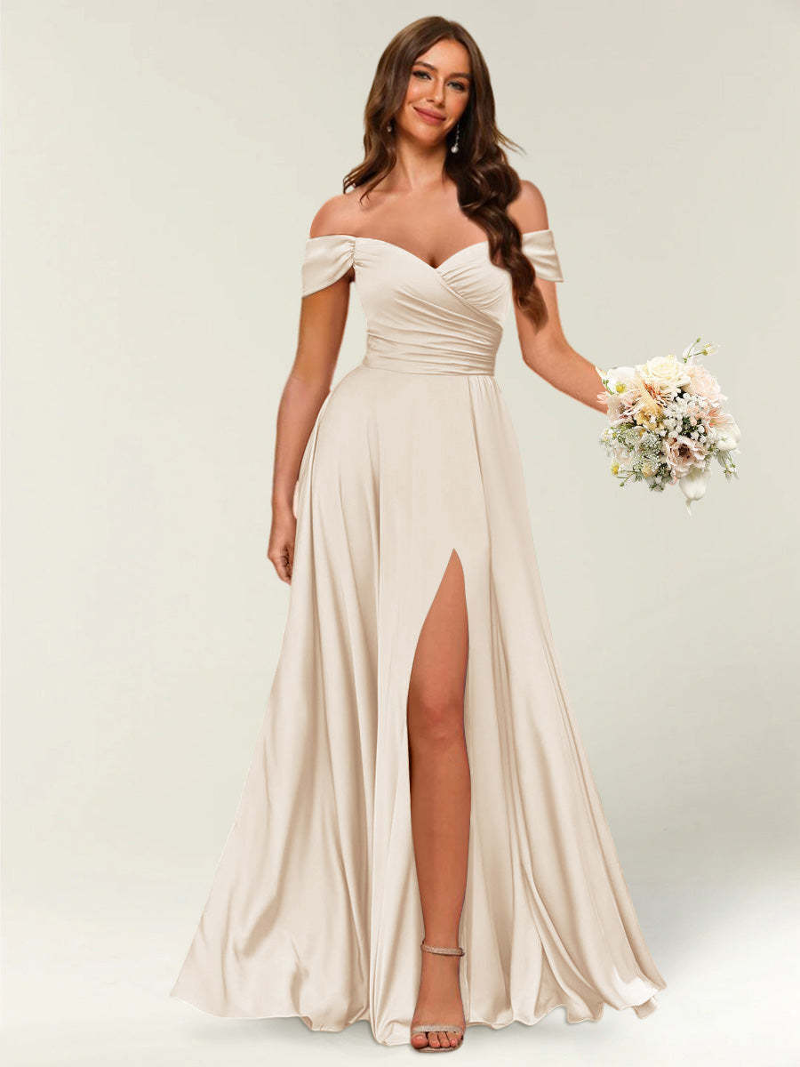 Floor Length Off the Shoulder Long Formal Dresses with Split Side Ruched
