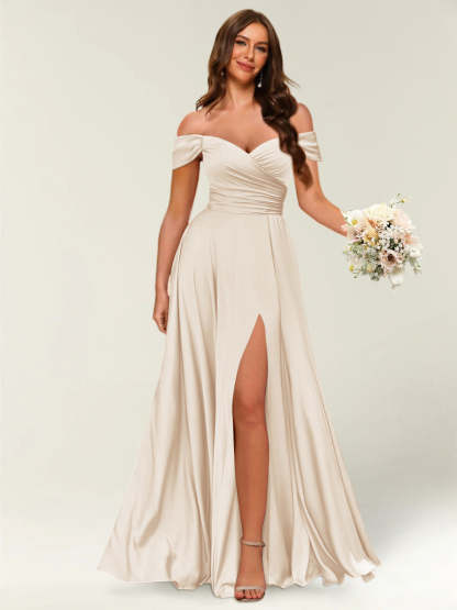 Floor Length Off the Shoulder Long Formal Dresses with Split Side Ruched