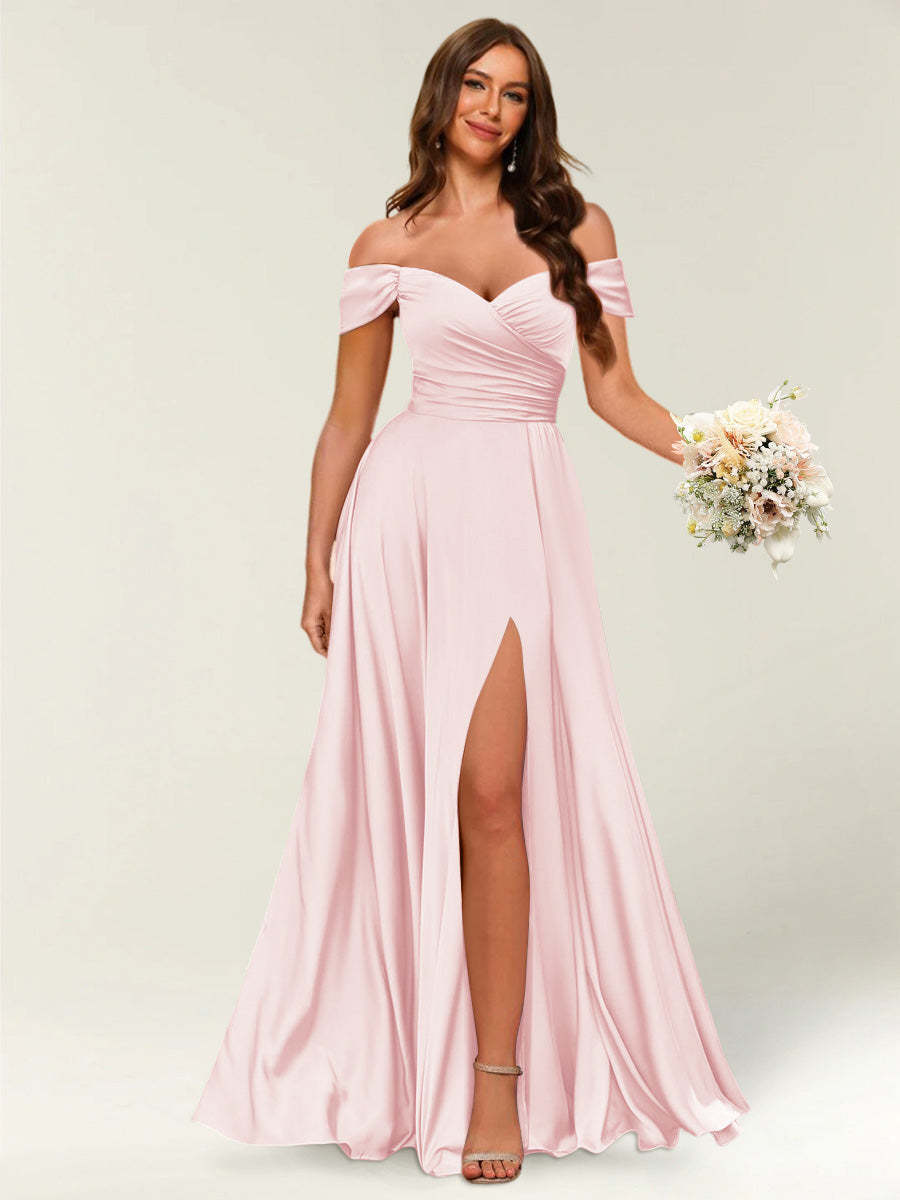 Floor Length Off the Shoulder Long Formal Dresses with Split Side Ruched