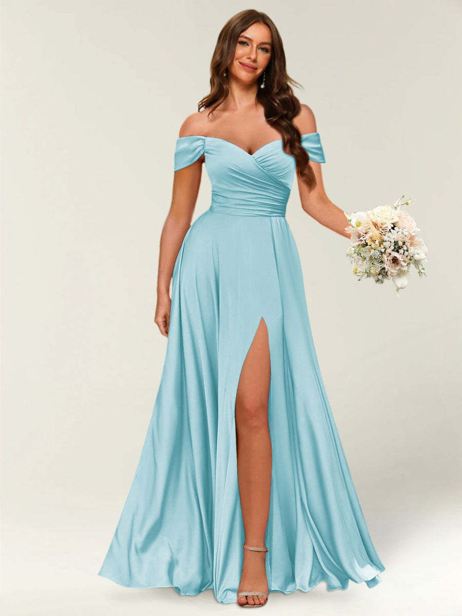 Floor Length Off the Shoulder Long Formal Dresses with Split Side Ruched