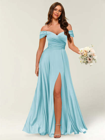 Floor Length Off the Shoulder Long Formal Dresses with Split Side Ruched