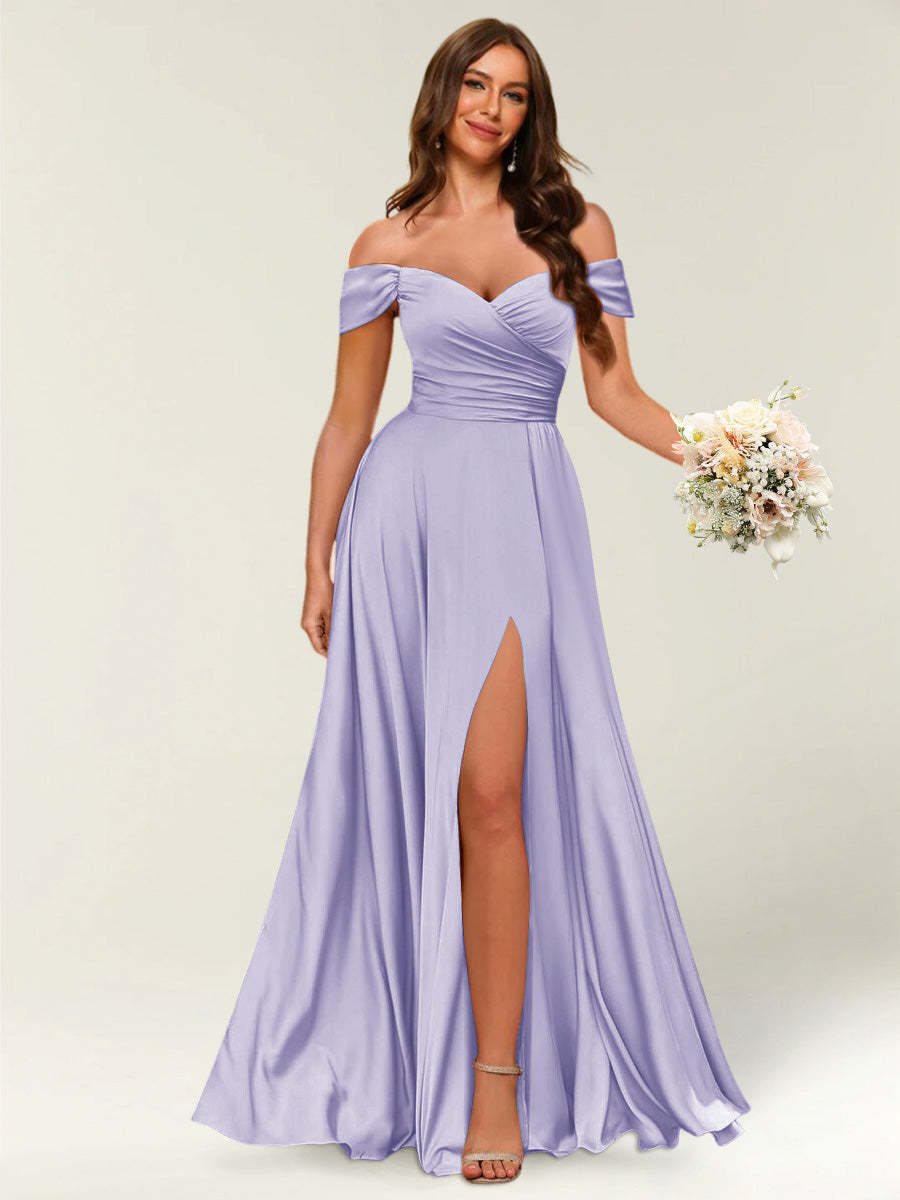 Floor Length Off the Shoulder Long Formal Dresses with Split Side Ruched